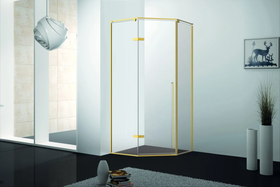 Xinxin 91Z31 brushed gold frame quadrant enclosure shown installed in a bathroom