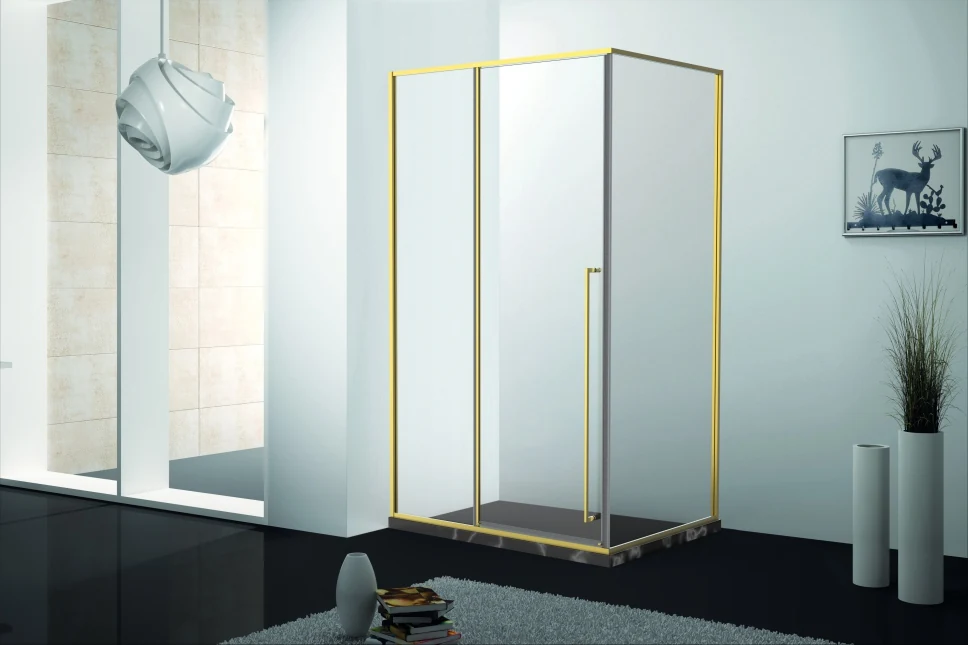 Xinxin 92F31 brushed gold frame corner enclosure shown installed in a bathroom