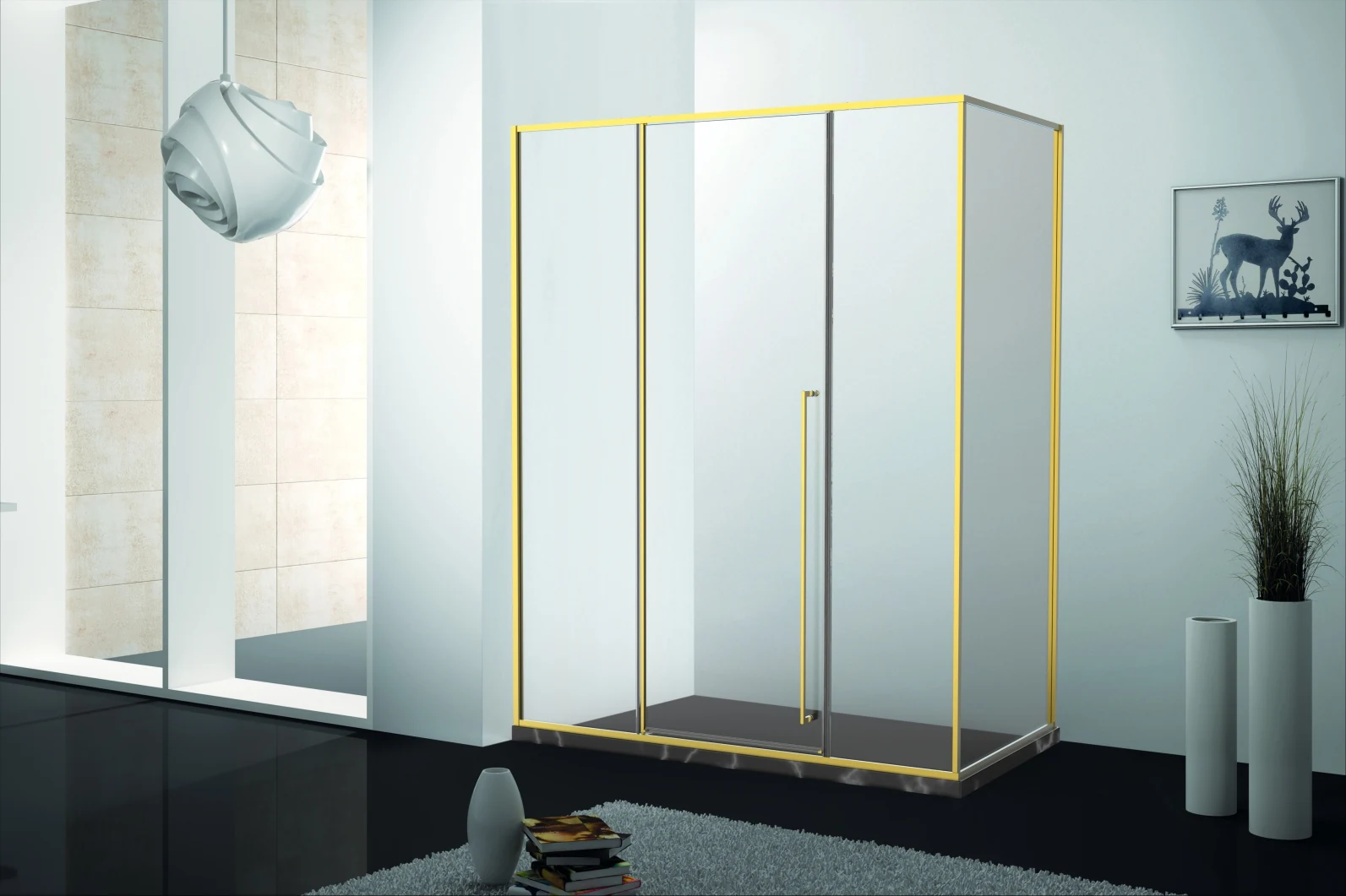 Xinxin 92F41 brushed gold frame corner enclosure shown installed in a bathroom