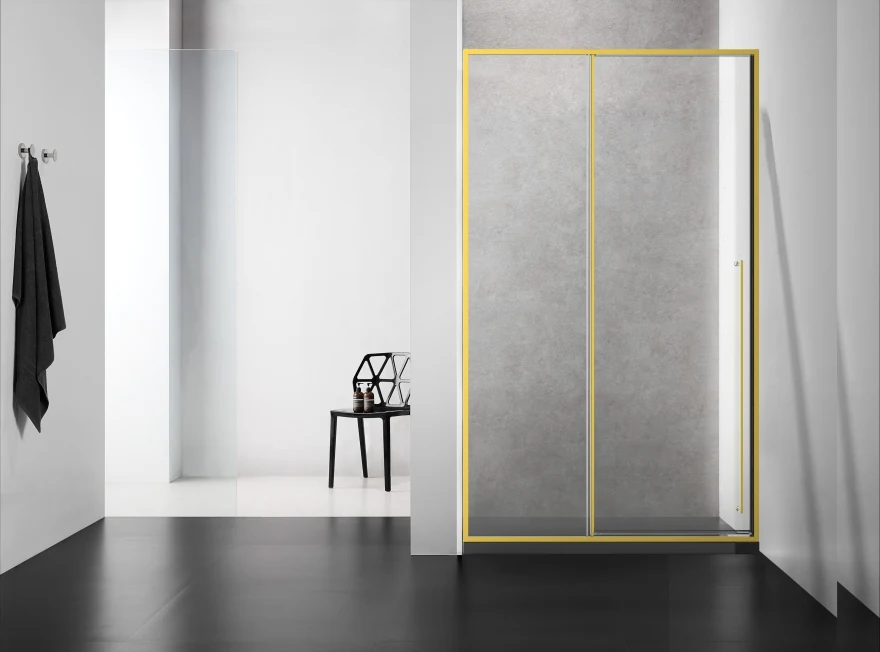 Xinxin 92P21 brushed gold frame in-line sliding door shown installed in a bathroom