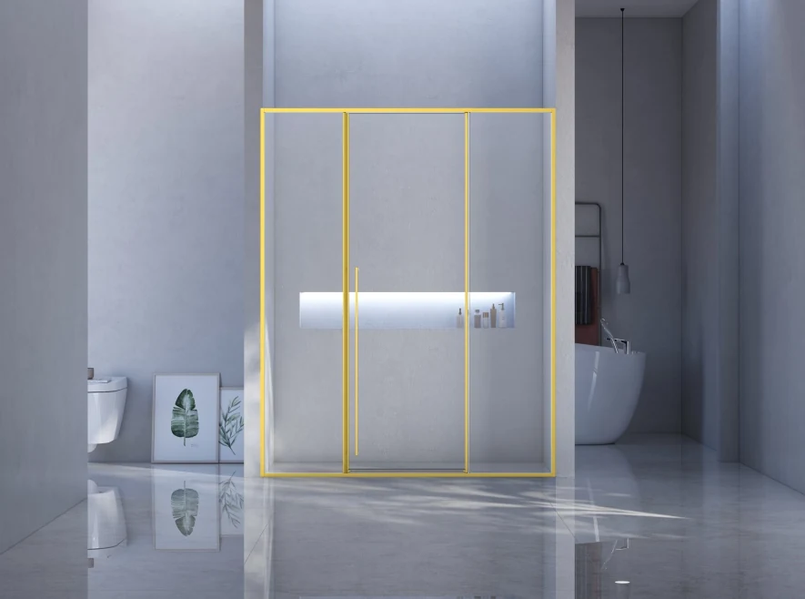 Xinxin 92P31 brushed gold frame in-line sliding door shown installed in a bathroom