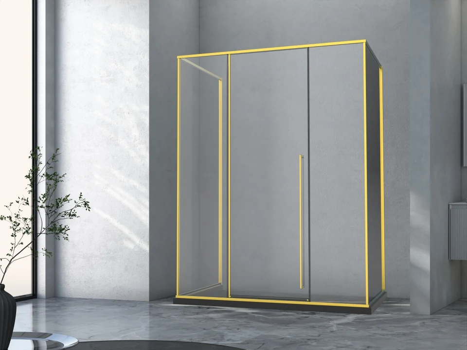 Xinxin 92U51 brushed gold frame hinged corner enclosure shown installed in a bathroom