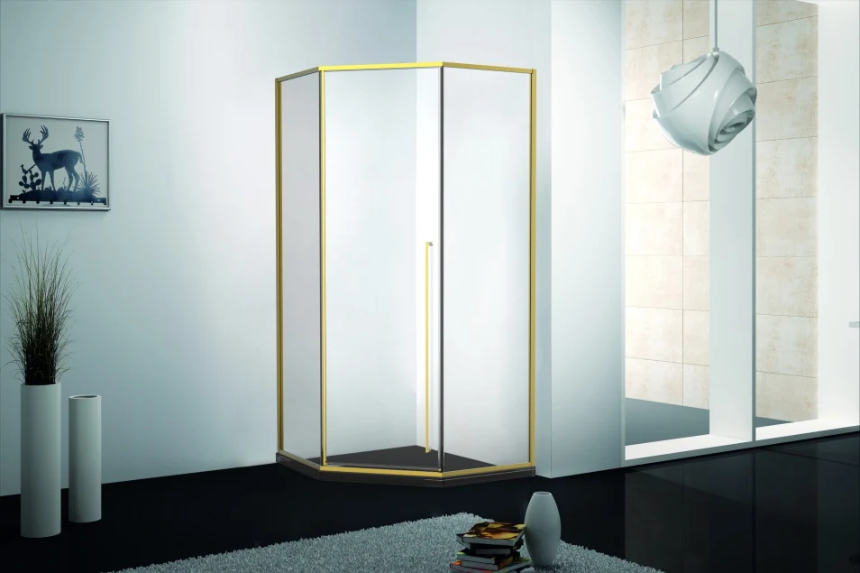 Xinxin 92Z31 brushed gold frame quadrant enclosure shown installed in a bathroom