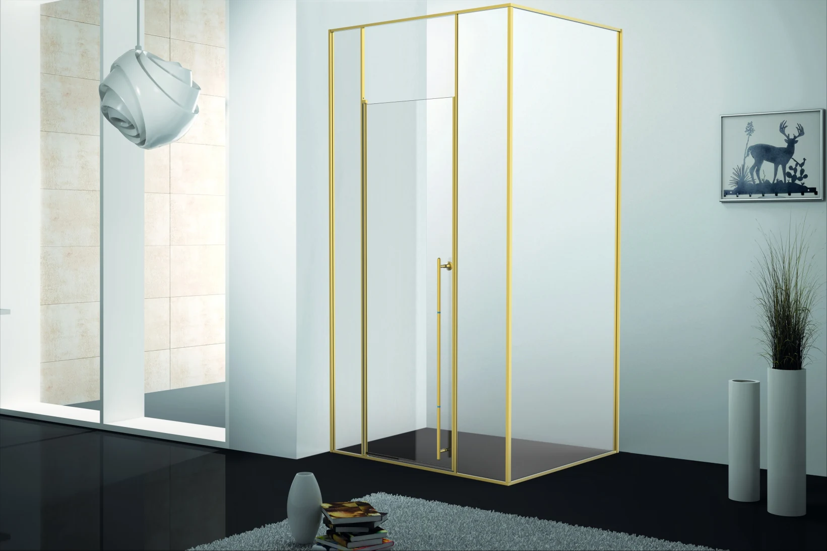 Xinxin 93F41 brushed gold frame corner enclosure shown installed in a bathroom