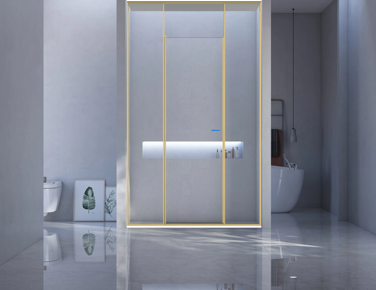 Xinxin 93P31 brushed gold frame in-line sliding door shown installed in a bathroom
