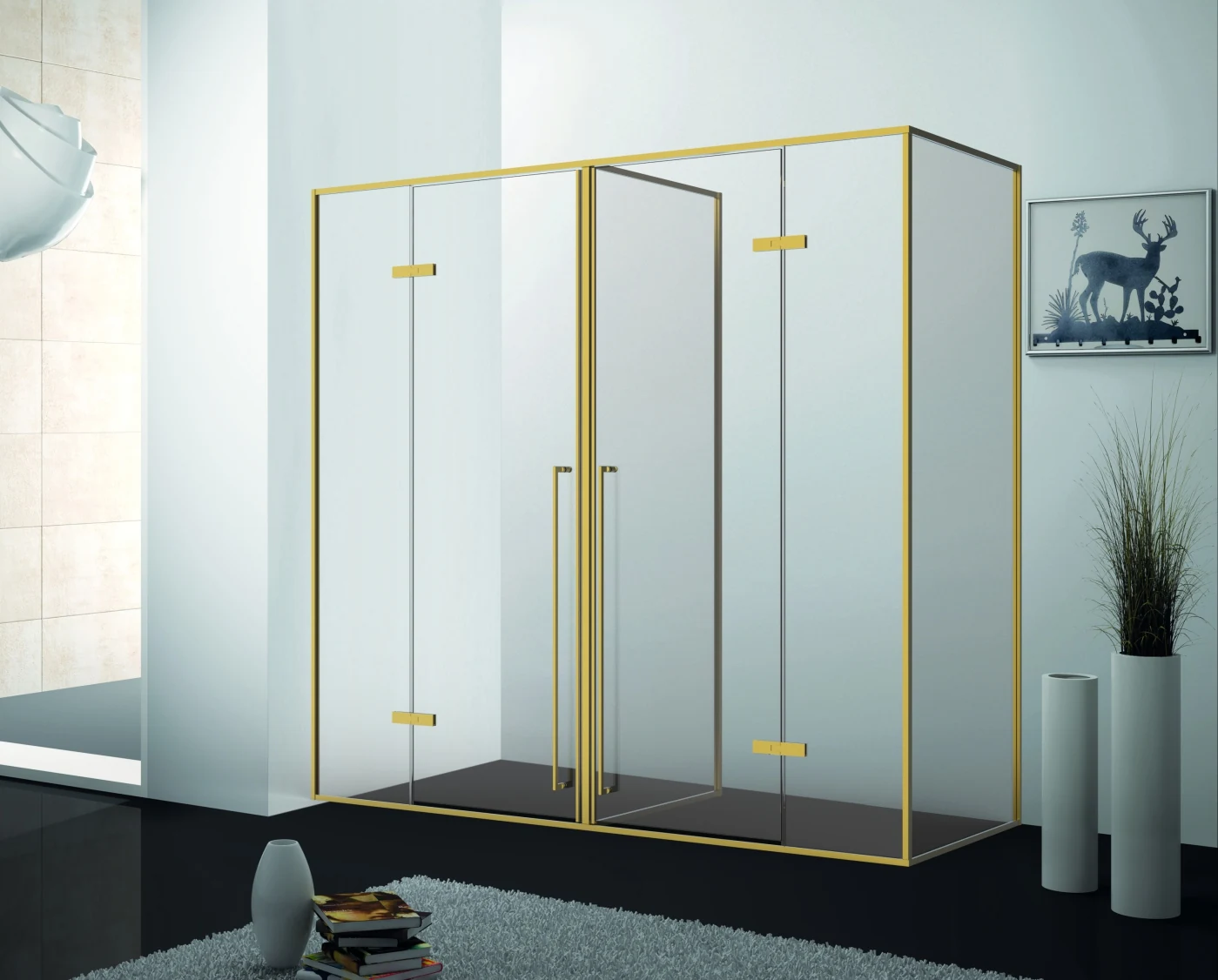 Xinxin 94E62 polished chrome-finish frame wide corner enclosure shown installed in a bathroom