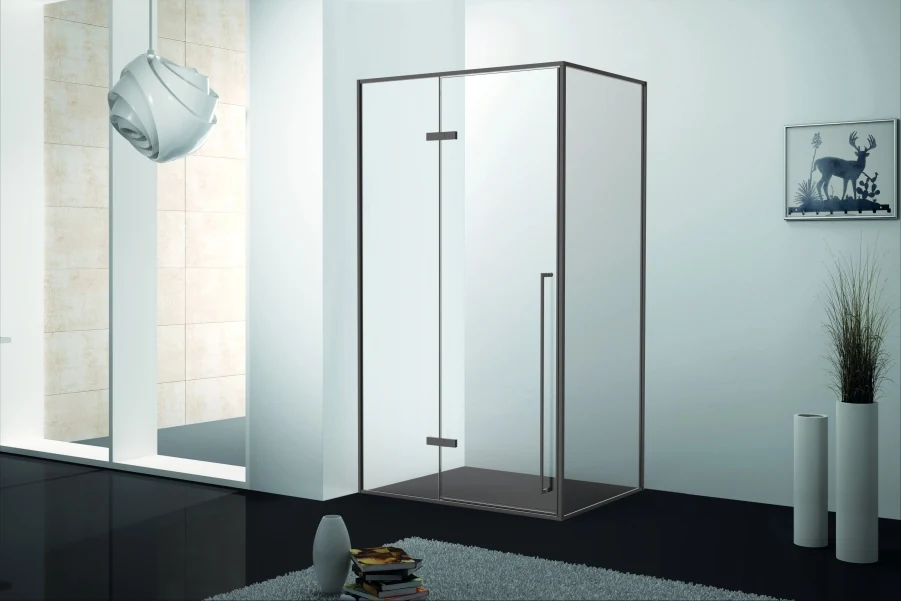 Xinxin 94F31 brushed gold frame corner enclosure shown installed in a bathroom