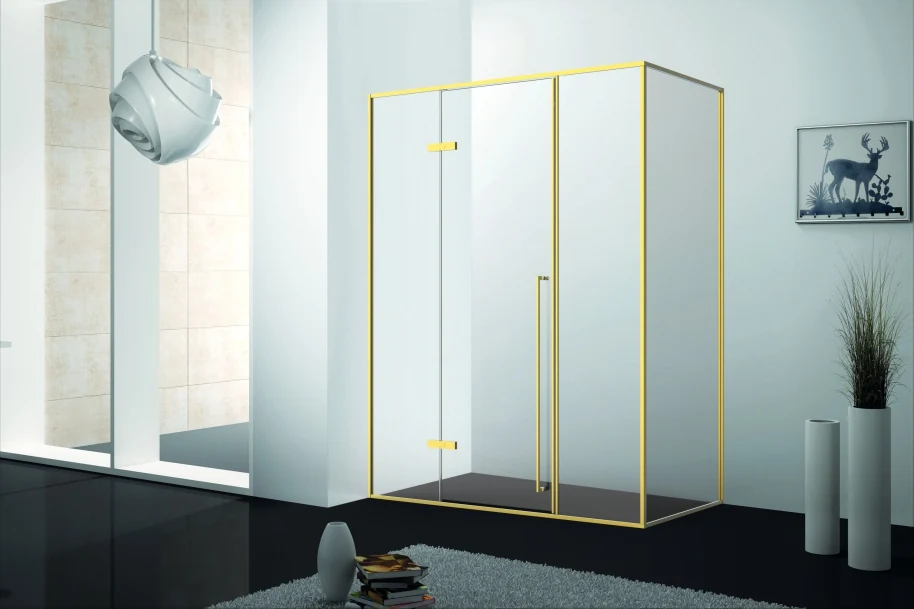 Xinxin 94F41 brushed gold frame corner enclosure shown installed in a bathroom
