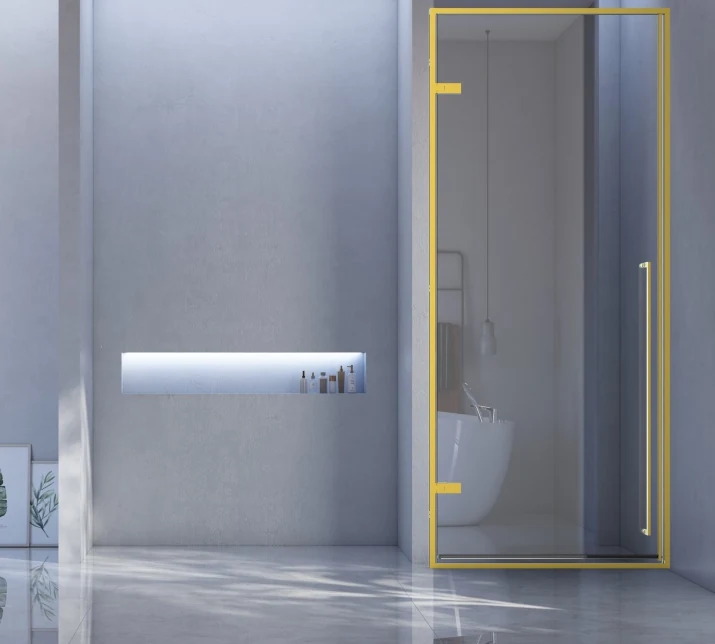 Xinxin 94P11 brushed gold frame in-line sliding door shown installed in a bathroom