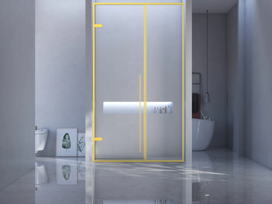 Xinxin 94P21 brushed gold frame in-line sliding door shown installed in a bathroom