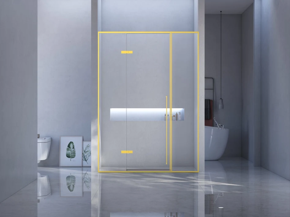Xinxin 94P31 brushed gold frame in-line sliding door shown installed in a bathroom