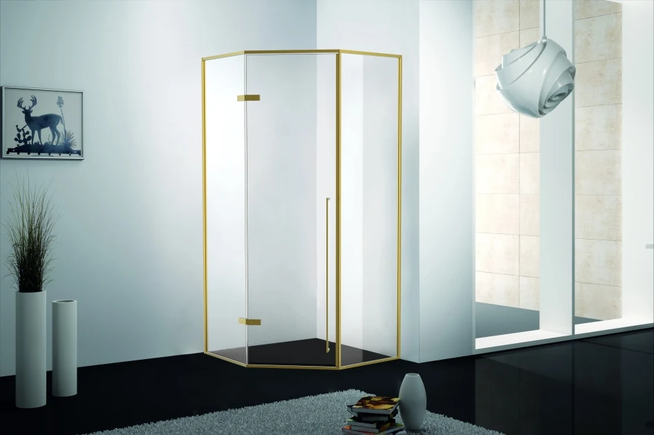 Xinxin 94Z31 brushed gold frame quadrant enclosure shown installed in a bathroom