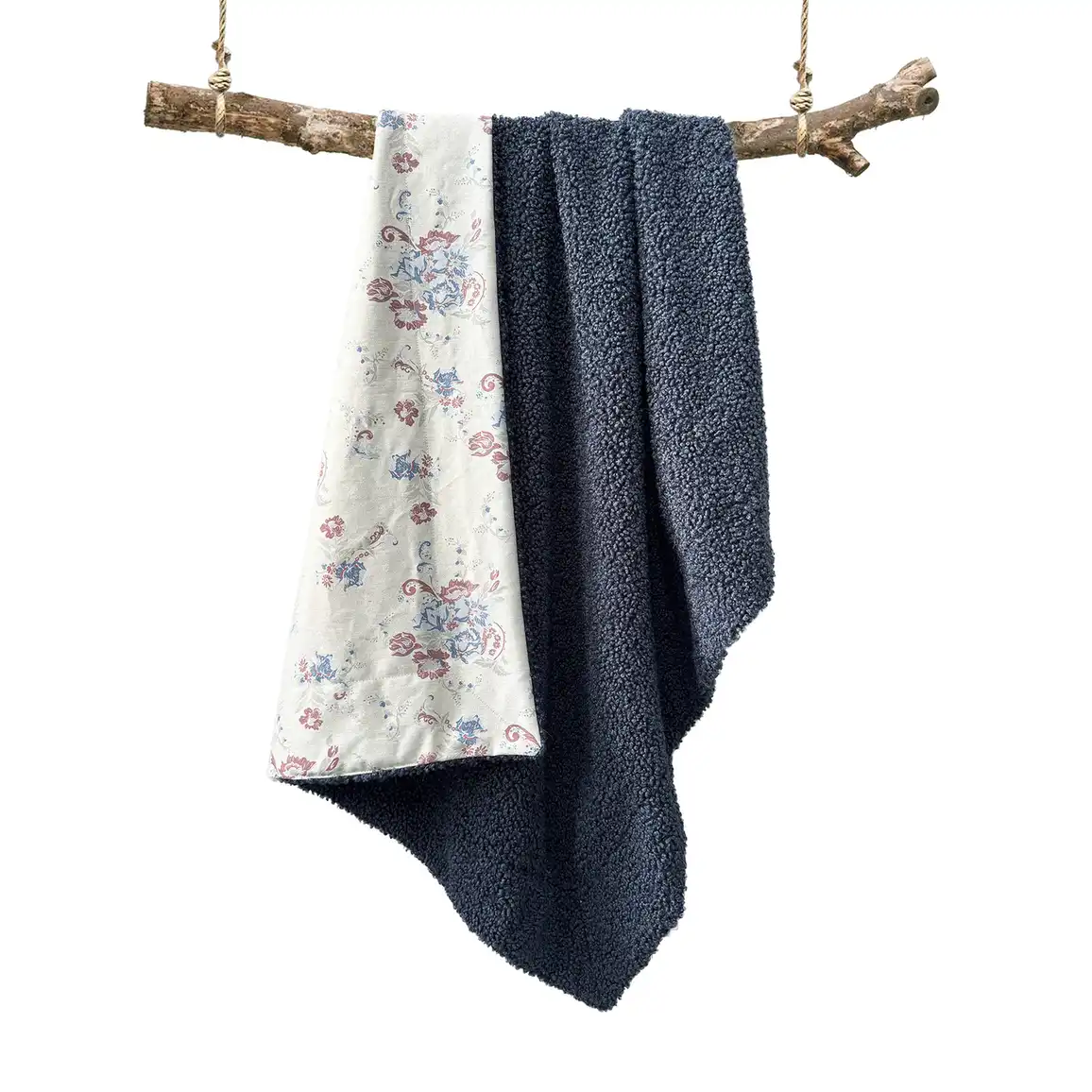 Teddy Faux Fur Throw – Navy with Denim print back