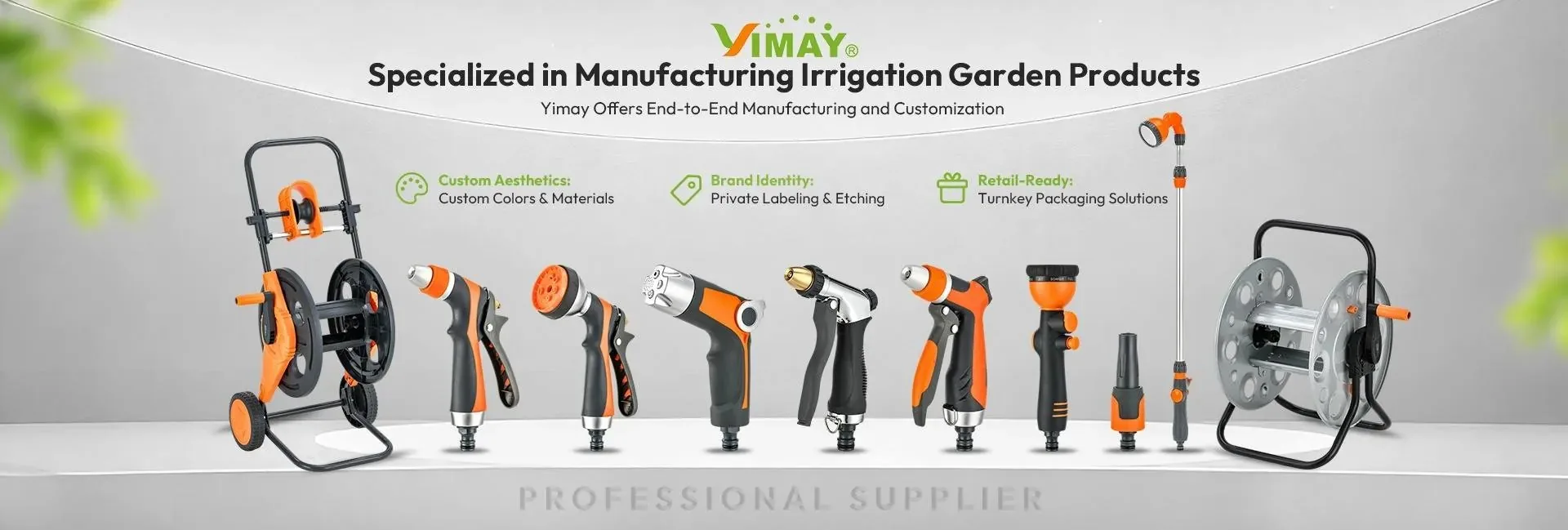 YIMAY full range of garden watering products — spray guns, hose reels, sprinklers, fittings