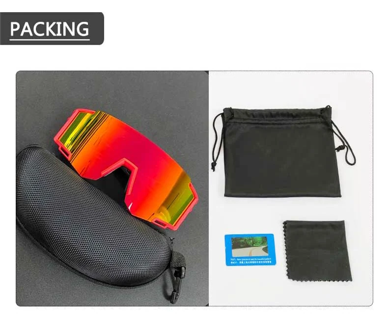CL-Y025 safety eyewear displayed in EVA packing box with cleaning cloth, pouch, and cord accessories