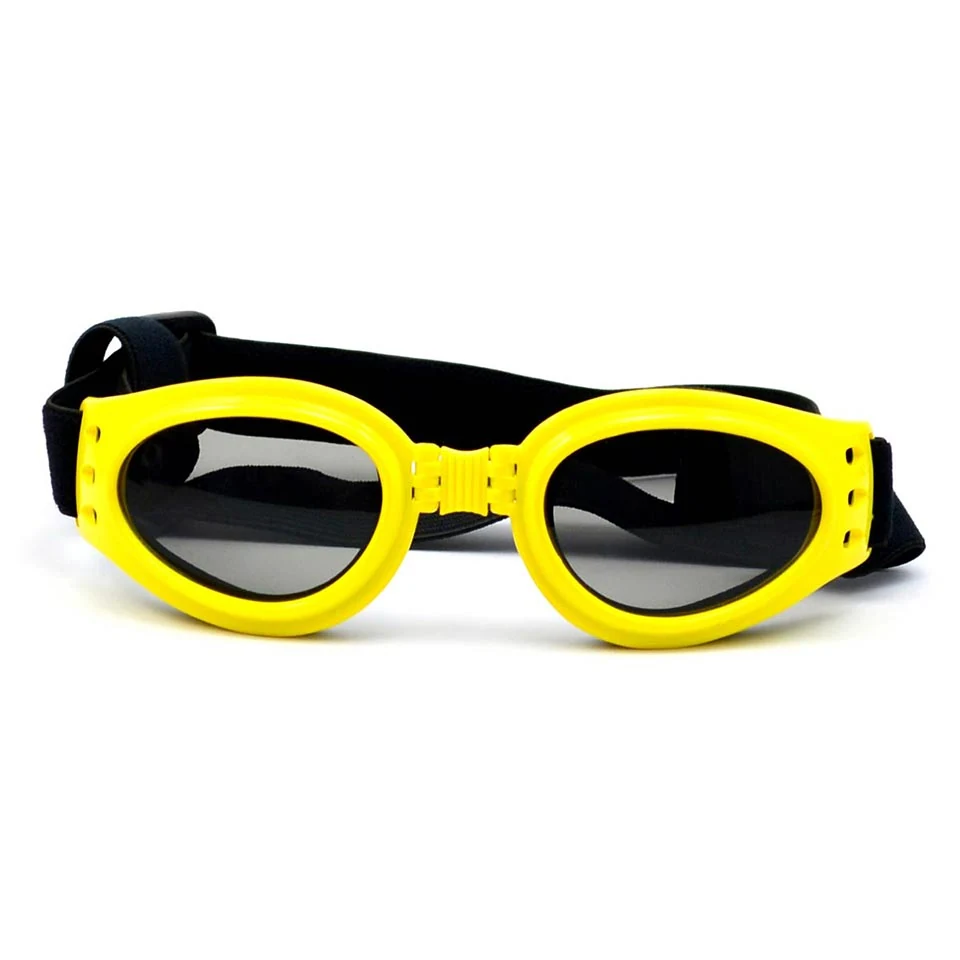 Side view of PG-BP004 pet goggles showing adjustable head and chin straps