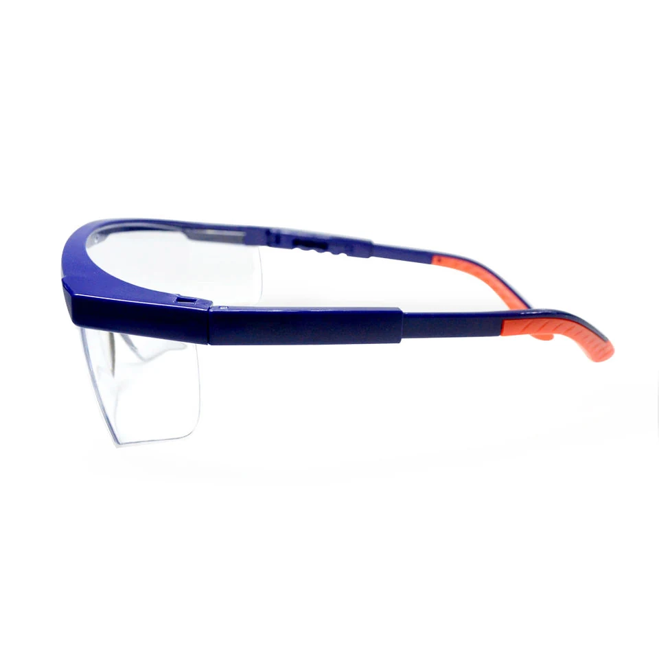 Side view of SG-JN103A safety glasses showing four-position adjustable temples and soft tip arms
