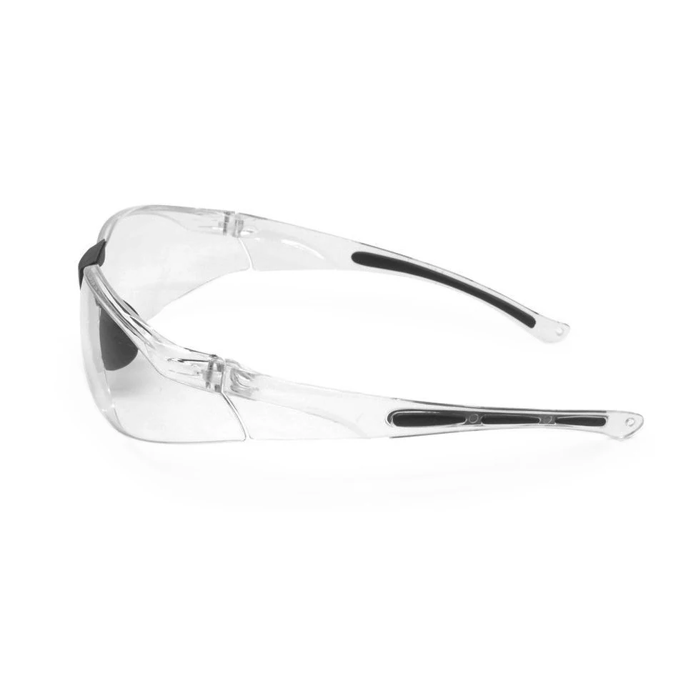 Side view of SG-JN119 safety glasses showing the polycarbonate frame and soft nose bridge