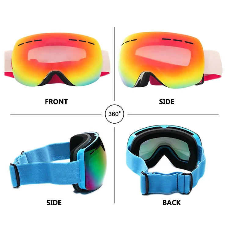 Close-up of the SK-J021 goggle lens showing the spherical shape and anti-fog coating