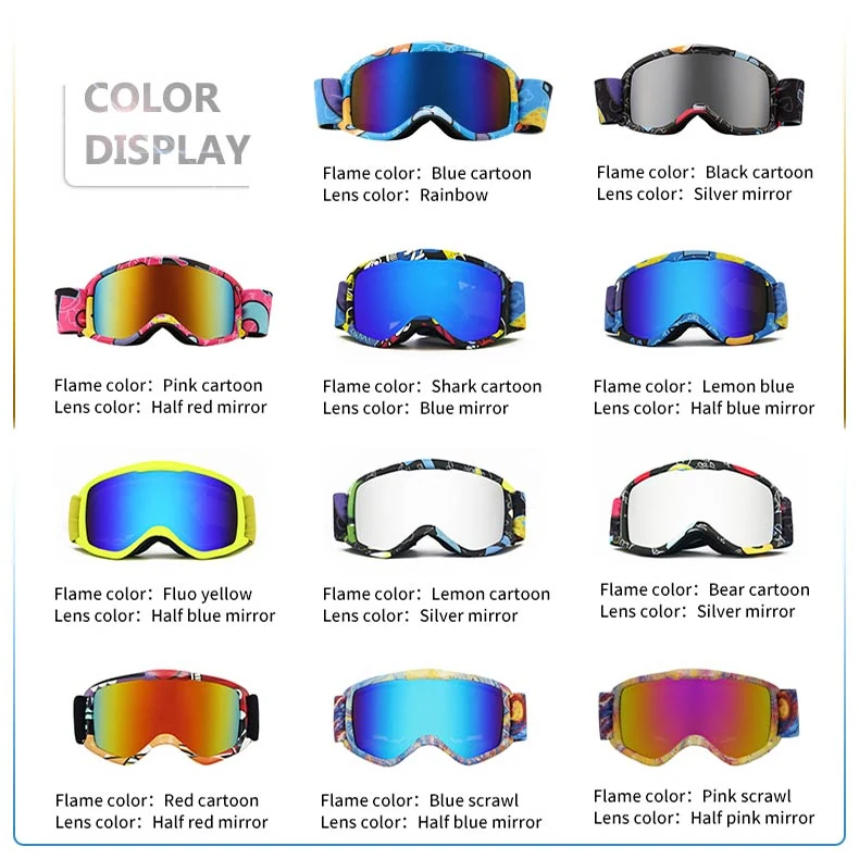 Front view of SK-J040 goggle with unisex kid-sized shape and adjustable strap