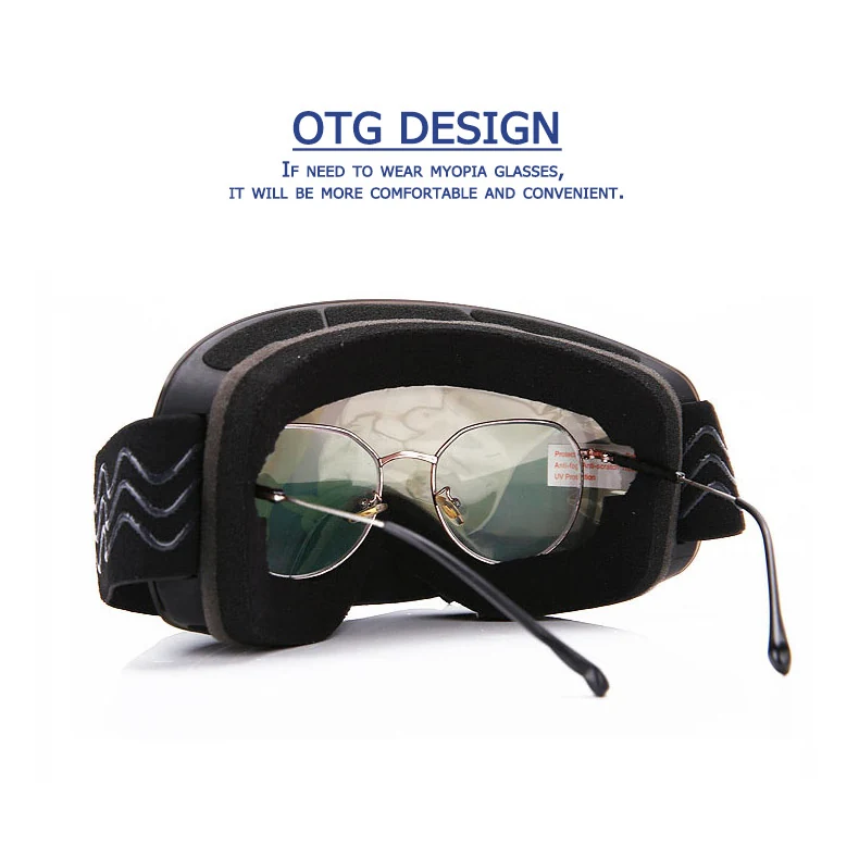 SK-Y692 goggle fitted under a ski helmet with the frame sitting flush and strap secured