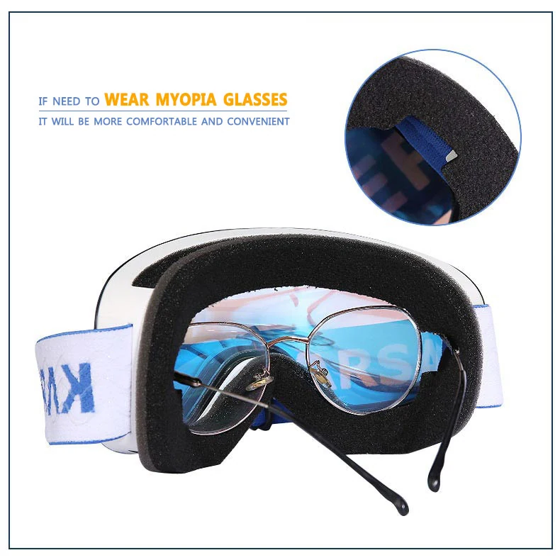SK-Y693 goggle worn under a ski helmet with adjustable silicone strap