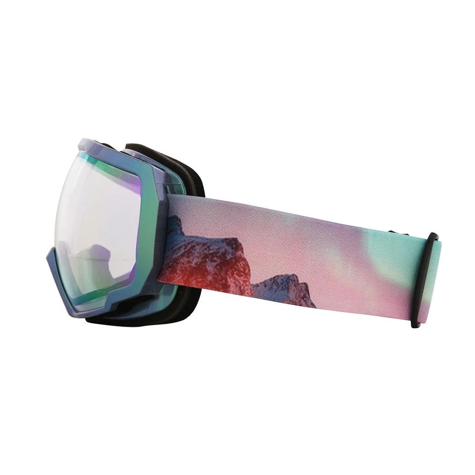 Side profile of SK-Y709 goggle showing the ventilated frame and adjustable silicone-lined strap