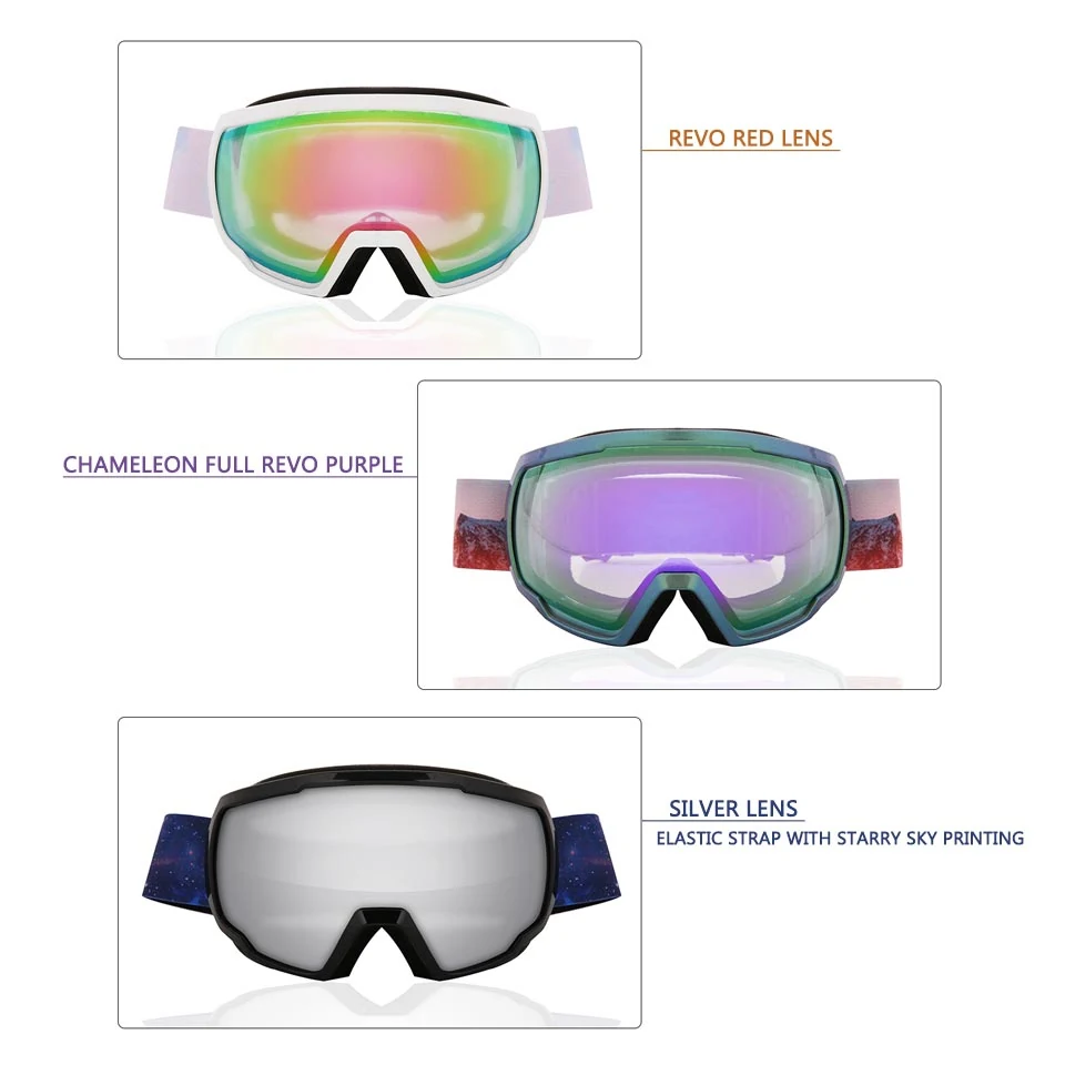SK-Y709 goggle fitted under a ski helmet with adjustable strap secured
