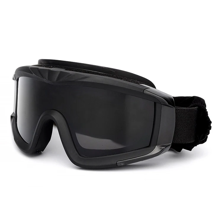 Side profile of the TA-J026 goggle showing the ventilated frame and adjustable elastic strap