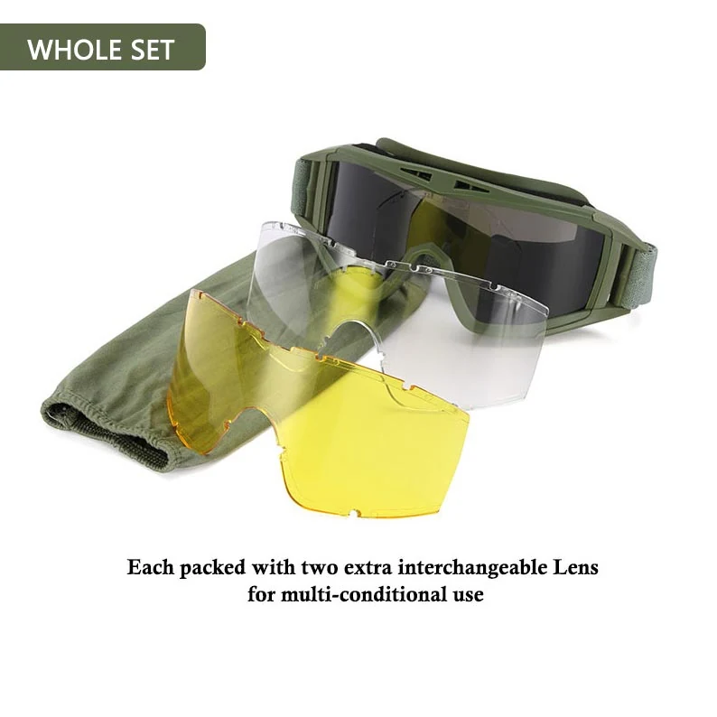 TA-RK002 tactical goggle shown with clear, smoke, and orange interchangeable lenses