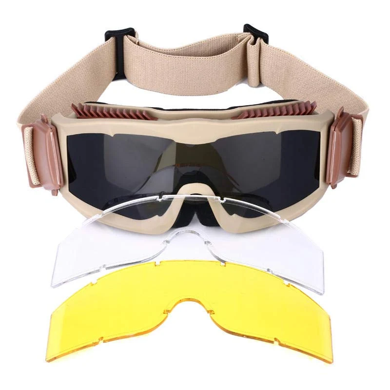 TA-RK006 tactical goggle shown with clear, smoke, and orange interchangeable lenses