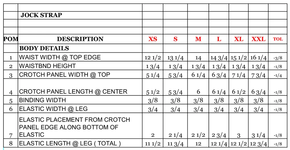Jockstrap size specification chart