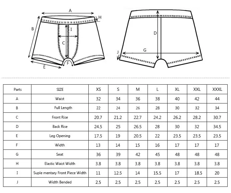 Technical drawing and measurement table for mens underwear