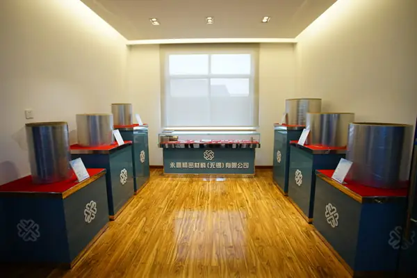 Sample display room showing stainless and cold rolled strip coils in the company showroom