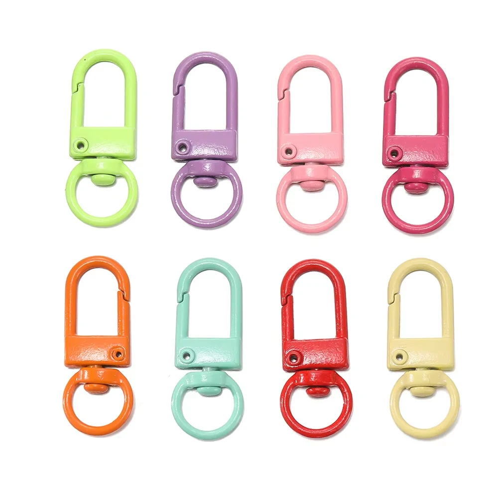 Small snap hooks painted in green, purple, pink, orange, red and yellow