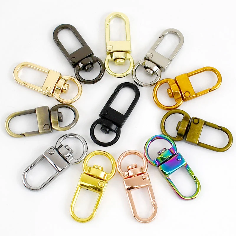 Swivel snap hooks shown in thirteen plated finishes arranged in a circle