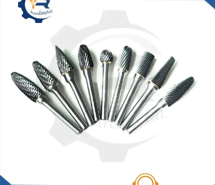 Fan arrangement of ten tungsten carbide rotary burrs with varied cutting heads on a white background