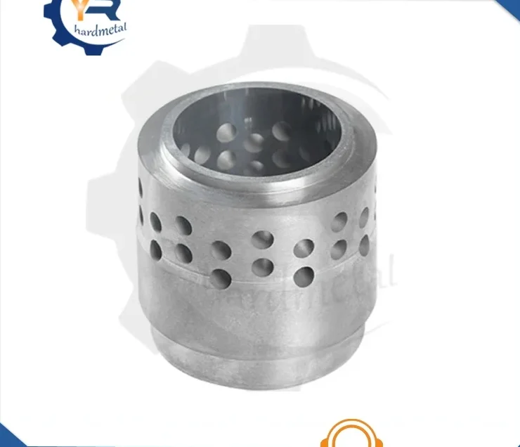 Perforated cylindrical tungsten carbide bushing with rows of drilled holes on a white background
