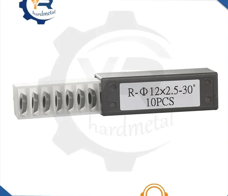 Black plastic case holding ten round tungsten carbide inserts, labeled R-Φ12×2.5-30°, 10PCS