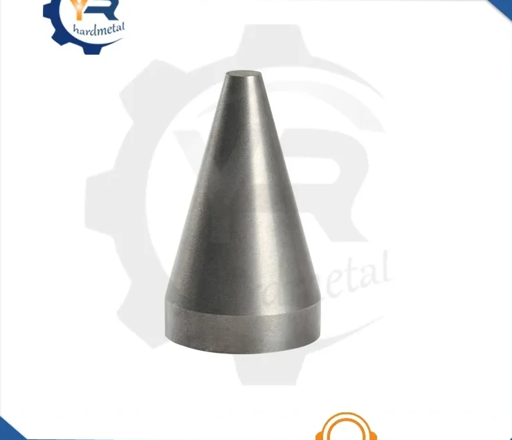 Polished tungsten carbide cone-shaped wear part with tapered tip on a white background