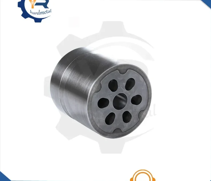 Cylindrical tungsten carbide wear part with multiple bore holes on its face, seller logo overlaid