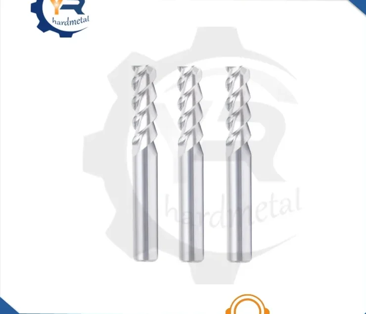 Three fluted carbide end mills standing upright on a white background with a gear logo watermark