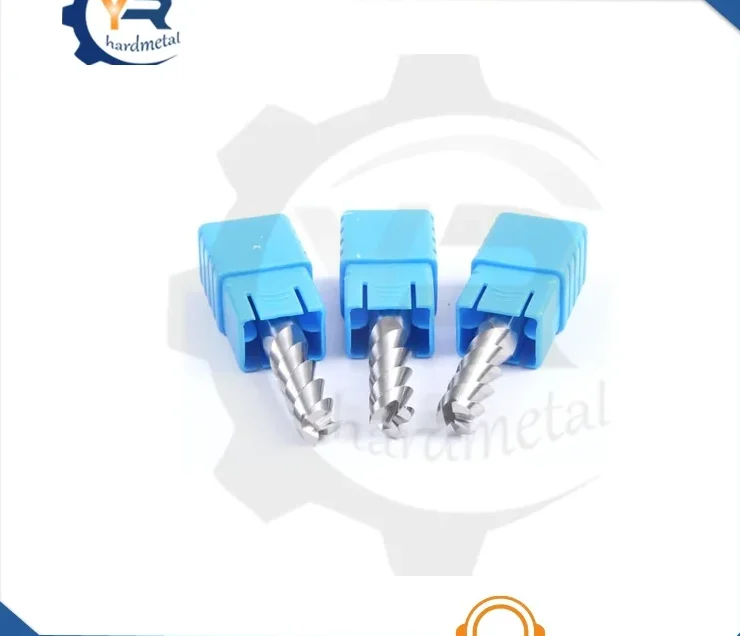 Three carbide end mills in blue plastic holders arranged on a white background with gear-shaped watermark