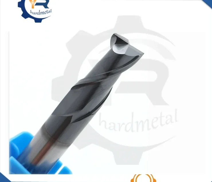 Solid carbide two-flute end mill with dark coating, angled view on a light background