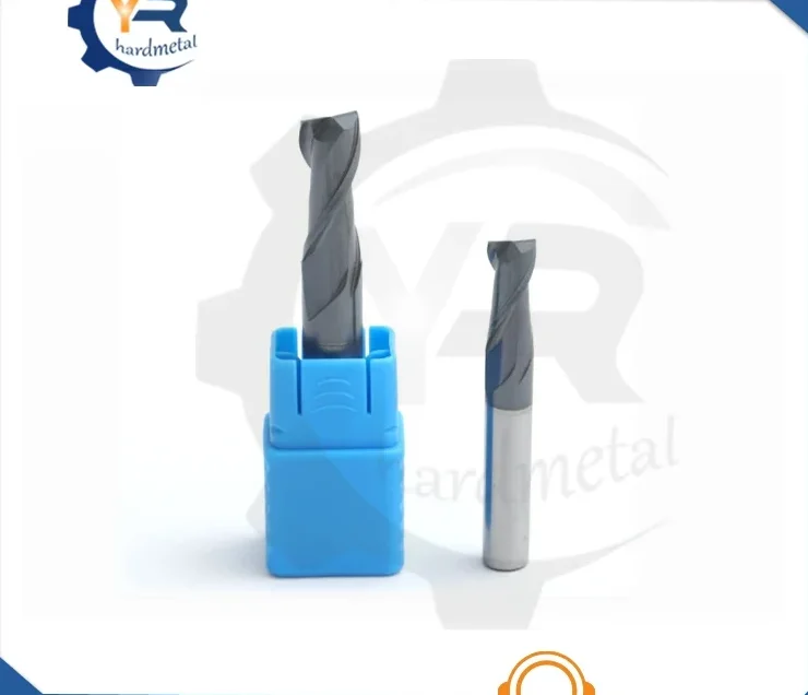 Two solid carbide end mills with grey coating, one seated in a blue plastic holder, on a white background