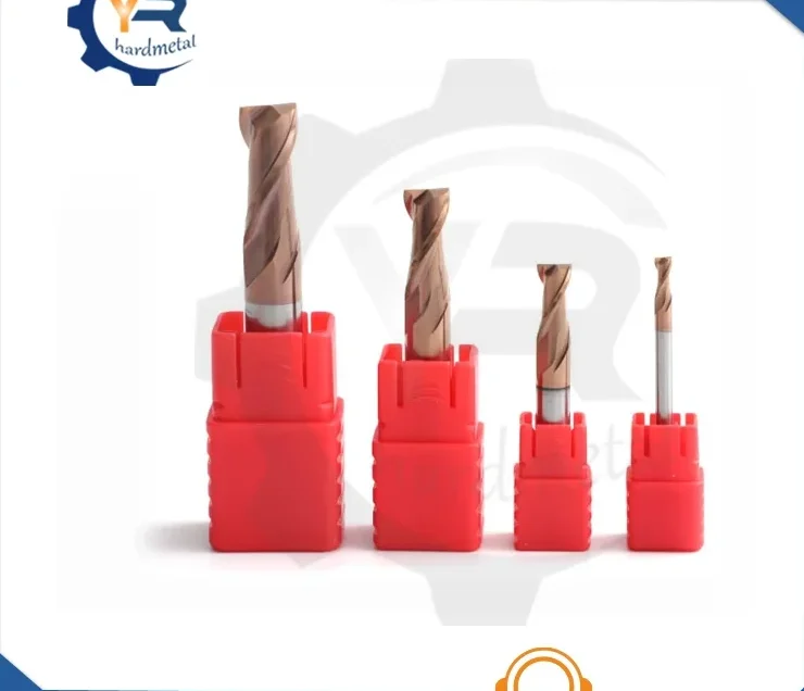Four solid carbide 2-flute end mills in red plastic holders, arranged by decreasing size on white background