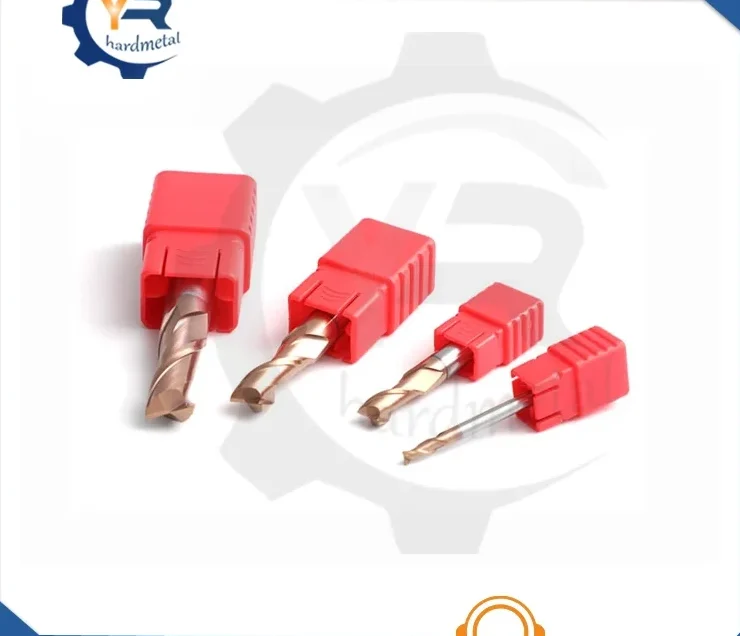 Four solid carbide end mill cutters with red plastic sleeves arranged diagonally on a white background