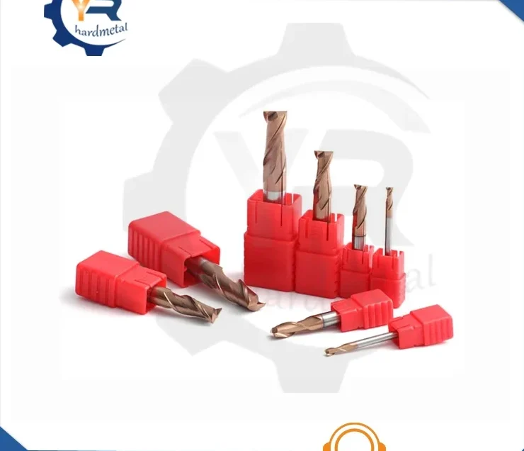 Group of carbide end mill cutters in red holders arranged on a white background