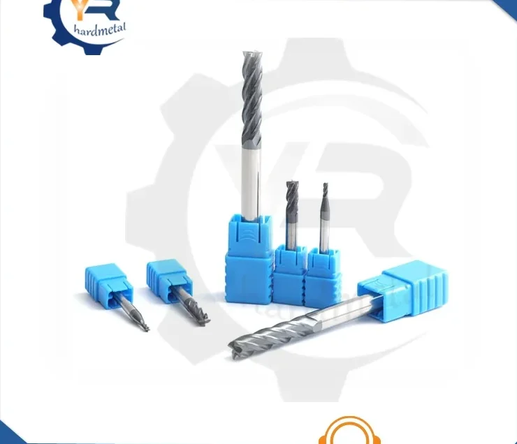 Carbide end mills with blue plastic tool holders arranged on a white background