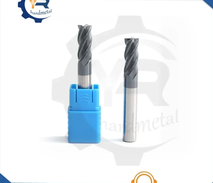 Two spiral-flute carbide end mills, one mounted in a blue holder sleeve, on a white background
